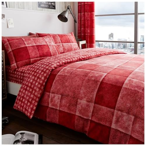 GC GAVENO CAVAILIA Soft & Cosy Check Double Quilt Cover, Luxury Reversible Checked Quilt Bedding Set, Denim Check, Red