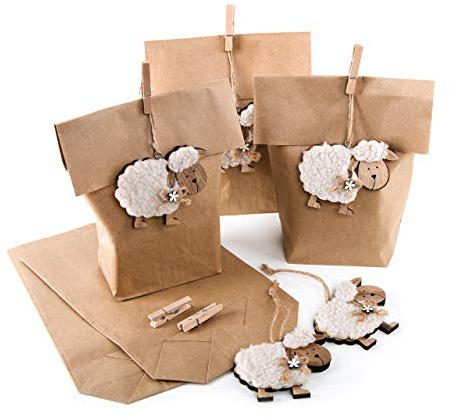 Logbuch-Verlag 5 Ostertüten zum Befüllen + Schäfchen Anhänger Holzdeko - Osternest Ostern Verpackung 16,5 x 26 cm