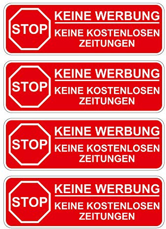 Keine Werbung! 4x rote Briefkastenaufkleber 80x26 mm Aufkleber STOP Bitte keine Werbung und kostenlose Zeitungen einwerfen - Aufkleber für den Briefkasten