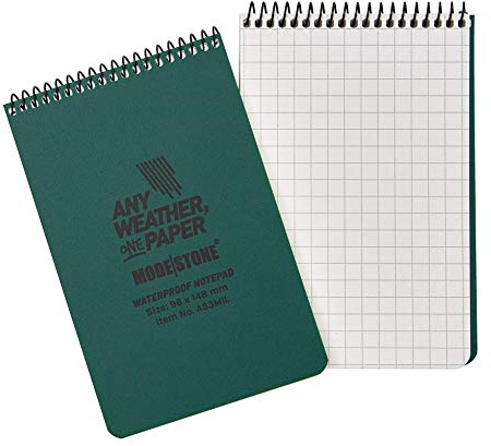 MODESTONE Outdoor Notizblock ca. A6 9,6 x14,8 cm grüner Cover | Spiralbindung oben 50 Blätter kariert 7x7mm | wasserfest reißfest feuerfest