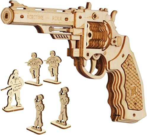 ROBOTIME Holz-Gummiband-Revolver-Kit für Kinder, Alter 6-10, Unisex, klassischer Stil, Braun, 5 m Reichweite, 102 Stück