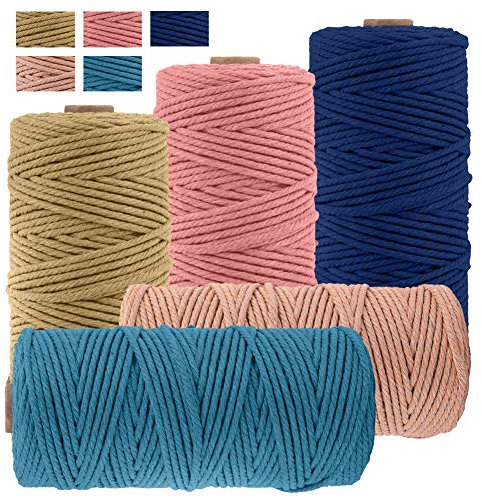 JeogYong Makramee Kordel Set, Natürliche Baumwolle, 4 Stränge, Makramee-Seil für Wandbehänge, Pflanzenaufhänger, Bastelarbeiten, Heimdekorationen, Geschenkverpackungen, 3mm x 100m (5 Farben E)