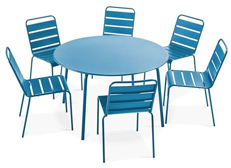 Oviala Palavas – Gartentisch rund und 6 Stühle aus Metall, Pacific Blau