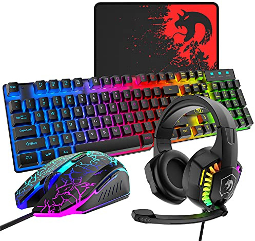 Kabelgebundene Gaming-Tastatur und Maus-Headset-Kombination, Regenbogen-LED-Hintergrundbeleuchtung, kabelgebundene Tastatur, Over-Ear-Kopfhörer mit Mikrofon, PS4, Xbox (schwarz)
