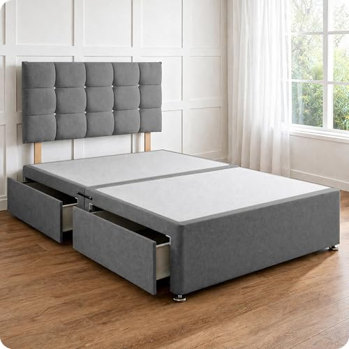 Comfy Deluxe LTD Divan Bed Base - 4FT6 Double, Grey | Linen Bed Frame with 20 Inch Cubic Headboard | No Mattress Included | 4 Side Storage Drawers & Chrome Glider Feet | UK Made