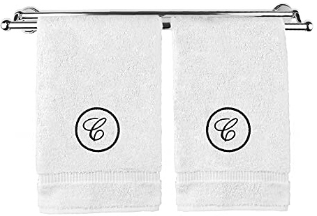 Monogrammed Hand Towel, Personalized Gift, 16 x 30 Inches - Black Letter Embroidered with Circle Design on White Towel - Extra Absorbent - 100% Turkish Cotton - Soft Terry Finish - Initial C