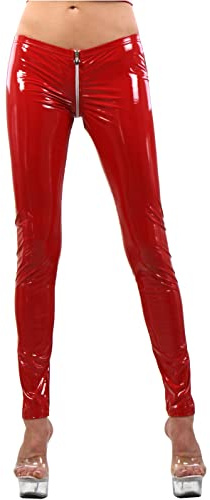 MISS NOIR Damen Wetlook Sexy Leggings S-3XL Lack-Optik Niedrige Taille 4-Wege-Reißverschluss Clubwear Party, Rot (IN505571-RD), 3XL