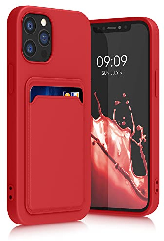 kwmobile Fodral till Apple iPhone 12/iPhone 12 Pro fodral med korthållare – mjukt skydd – stöttåligt TPU-material – trådlös laddning – röd