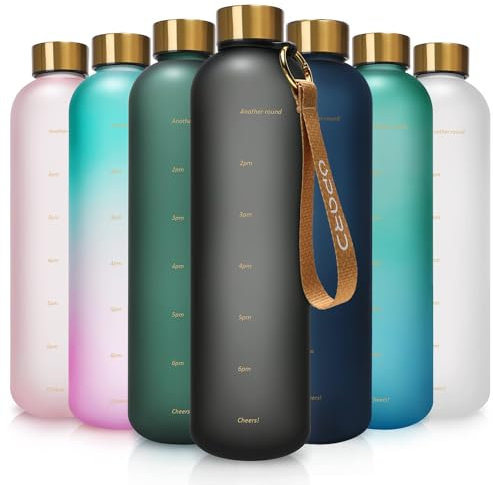 Opard 1 Litre Motivational Water Bottle with Time Markings to Drink, Reusable Plastic Bottle with BPA Free Tritan for Gym and Sports