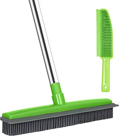 Long Handle Rubber Broom with Squeegee, Rubber Sweeping Brush and Pet Hair Removal Brush Set Indoor Use for Pet Hair Carpet Floor Sofa Window, Artificial Grass Rake Brush Outdoor for Cleaning Hardwood