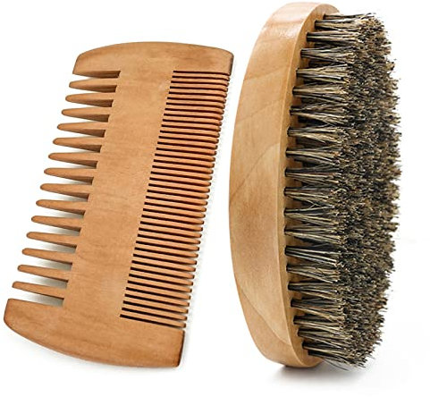 Beard Brush Comb Set for Men, Wooden Boar Bristle Hair Moustache Comb Beard Brush Set for Combing Beard Hair, Removing Debris, Massages Face