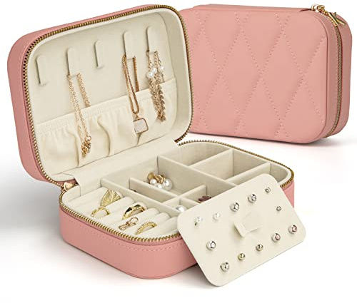 KAMIER Kleine Schmuckkästchen für Damen, Reise Schmuckbox PU Leder Schmuckschatulle für Ohrringe, Ringe, Halsketten, niedliche Schmucketui Reise für Frauen, Männer, Mädchen, Rosa