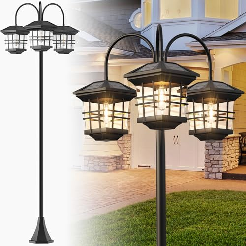 76 Classic Black Solar Lamp Post Lights - 3-Head Waterproof Outdoor Street Lights, Pole Light Decorative Lamp for Backyard, Garden, Driveway, Lawn (LED Bulbs Included)