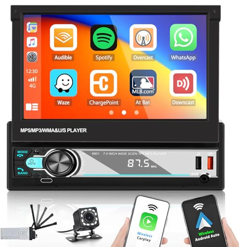 Hikity Am FM Radio Coche 1 DIN Wireless Carplay Android Auto con Retráctil Pantalla Táctil 7 Pulgadas 1Din Bluetooth Mirror Link USB + Cámara de Marcha Atrás y Control Remoto