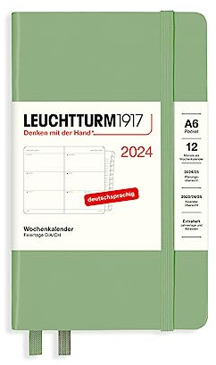 LEUCHTTURM1917 367633 Wochenkalender Pocket (A6) 2024, mit Extraheft für Adressen und Jahrestage, Salbei, Deutsch, 12 Monate