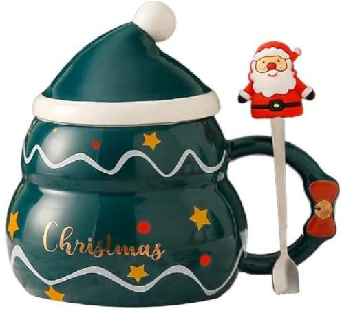 SuperglockT Weihnachtstasse mit Löffel 480ml Keramik Kaffeetasse Weihnachtsbaum design Kaffeebecher mit Weihnachtsmütze Deckel Weihnachtsmotive Bürotasse Geschenkidee (Grün)