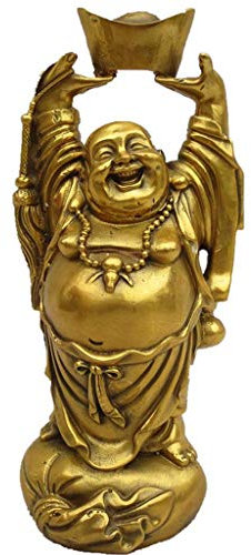GaRcan Feng Shui Ornamente Lachender Buddha aus Messing, Statue, Ornament, glücklicher Buddha mit Barren, Geldbeutel, groß, Heimbüro, dekorative Figur, zieht Reichtum an, L (S)