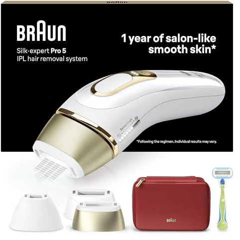 Braun IPL Silk·expert Pro 5 – IPL Geräte Haarentfernung, Dauerhafte und Schmerzfreie Haarentfernung für Zuhause – inkl. Etui, Venus Rasierer, 3 Aufsätze, Designed In Germany – PL5262, Weiß/Gold