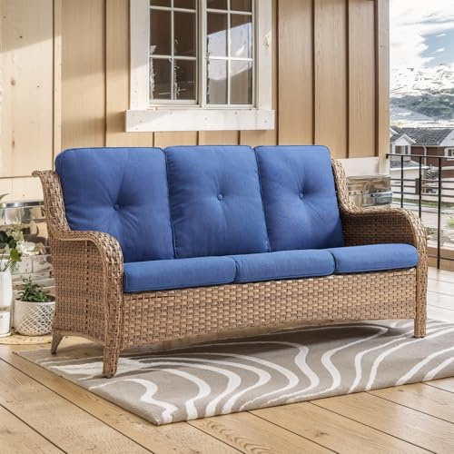 Belord Outdoor Couch Wicker Patio Sofa - 75Inch Rattan Sofa with Hight Backrest Wide Armrest, All Weather Outdoor 3 Seater Seating Wicker Couch for Balcony Proch Deck Backyard Yellow/Blue