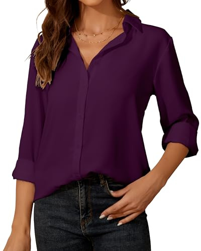 Blusa de gasa para mujer con botones y cuello de manga larga, fucsia, M
