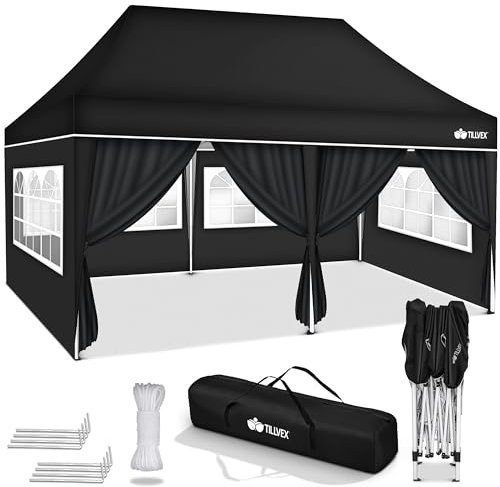 tillvex Gazebo 3x6m da Giardino | Gazebo pieghevole regolabile in altezza | Tenda Pop up impermeabile da protezione UV 50+ | Tenda Padiglione + Sacca di Trasporto (Nero - con 6 pannelli laterali)