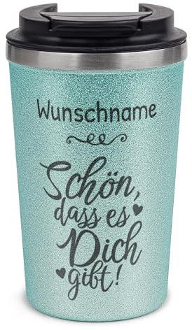 Tassendruck Glitzer To-Go Thermobecher mit Name personalisiert Schön, dass es dich gibt Geschenke für Freundinnen | Nachhaltig, Edelstahl doppelwandig, inkl. Deckel, Blau, 350 ml