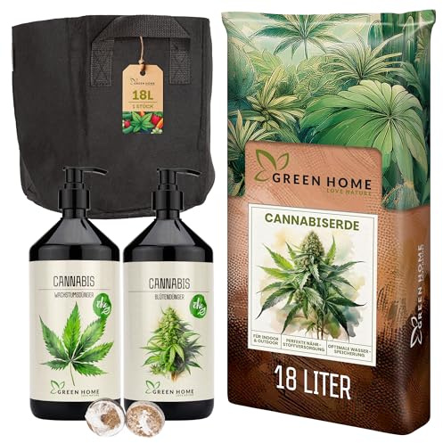Green Home Pflanzsack, 18L Cannabis Erde + 2 Quelltöpfen + Cannabis Dünger Set – Cannabis Anbau Set für Hanf, Tomaten und Kräuter | Wiederverwendbar. Für Wachstum & Blüte optimiert
