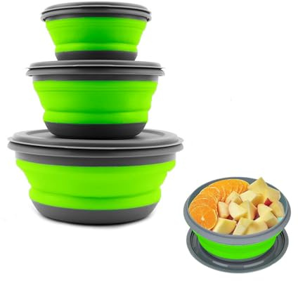 CTForest Juego de 3 Cuencos para Platos Plegables, Cuenco de Ensalada Portátil, Conjuntos de Silicona Plegable Caja de Almuerzo para senderismo, viajes, camping, picnic, escuela(Pasto verde)