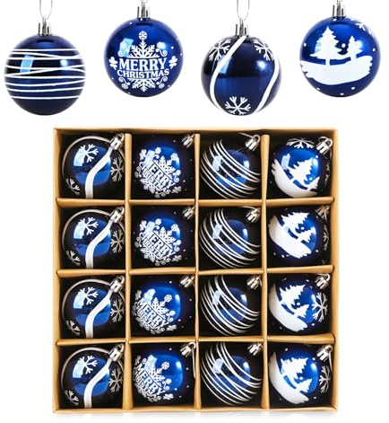 Christmas Tree Baubles, Anstore 16pcs Navy Blue Christmas Baubles 6cm and Shatterproof Xmas Tree Decorations Hanging Bauble Set in 4 Styles Xmas Balls for Retro Vintage Xmas Decorations