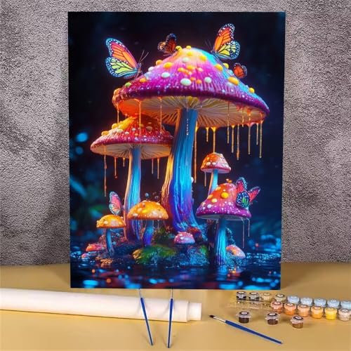 Landscape Paint by Numbers for Adults, Mushroom Paint by Numbers, DIY Canvas Oil Painting Kit for Kids, with Paint Brushes Acrylic Pigment Drawing Paintwork Decor 7.8x11.8 cm Without Frame GH-1471