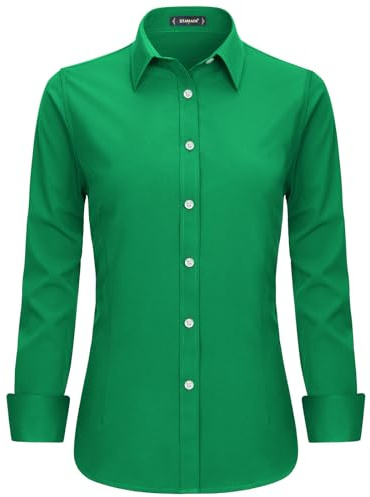 Stamain Damskjorta elegant långärmad blus med V-ringning klassisk och mångsidig stil för alla tillfällen, Grön, XL