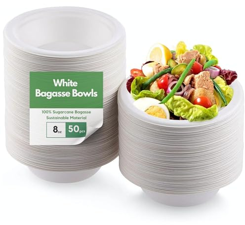 CaterCo Bagasse Sugarcane 8oz / 240ml Bowls - Strong, Disposable, Biodegradable, Compostable Eco-Friendly White Paper Bowl for Soup, Salad, Dessert, Party, BBQ - 8oz Bowls - 50 Pack