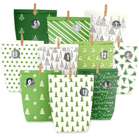 Adventskalender zum Befüllen, 24 Adventstüten zum Basteln, Weihnachtskalender zum Selbstbefüllen, Bedruckt Weihnachtstüten mit Zahlenaufkleber zum selber befuellbar (Grün)