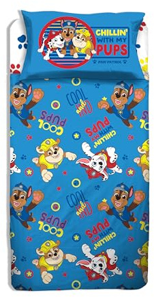 Set Lenzuolo Letto Singolo, Completo Letto Singolo Paw Patrol, Lenzuolo Sopra, Lenzuolo Con Angoli, Federa, Blu, 100% Cotone, Prodotto Ufficiale