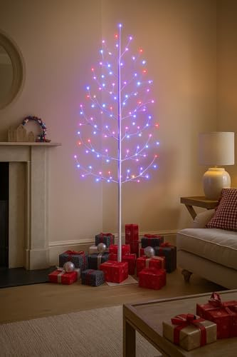 Marco Paul 6ft Pre-Lit Christmas Twig Tree Outdoor Xmas Decoration with 480 Multicoloured LED's Light Up Mains Powered White Xmas Tree for Indoor & Outdoor Christmas Decor for Home & Garden