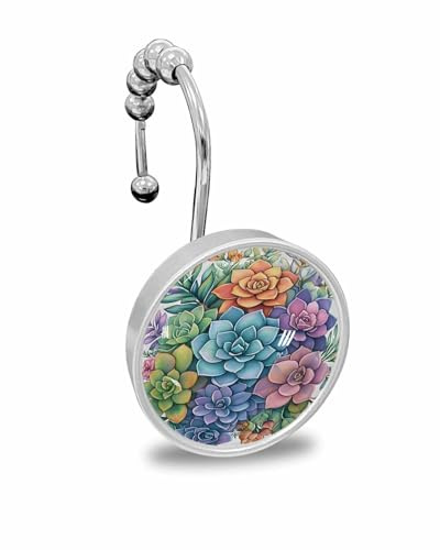 Shower Curtain Hooks Set of 12, Spring Succulents Flower Watercolor Plant Crystal Glass Showers Curtains Rings, Bathroom Decorative Rod Stainless Steel Rust Proof Roller Hangers Hook