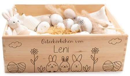 Kidsmood - Personalisierte Osterkiste aus Holz mit Namen – Niedliche Oster-Deko mit Osterhase und Oedereier– Geschenkidee zu Ostern für Kinder, zur Aufbewahrung von Ostereiern und Süßigkeiten