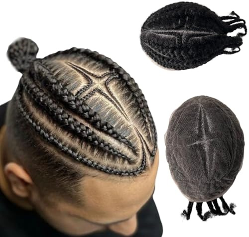 Echthaar-Perücken für Männer, Afro-Perücken aus voller Spitze, Perücken-Ersatz-System für Männer, natürlich atmungsaktiv, Schweizer Spitzen-Haarteil, Echthaar-Perücken 10 * 8 (#Braid-5)