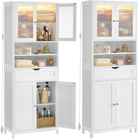 VASAGLE Meuble de Rangement avec Éclairage, Armoire de Salle de Bain, avec Étagères Réglables, Tiroir, Compartiments Ouverts, pour Salle de Bain, Salon, Salle à Manger, Blanc Nuage BBC767W03