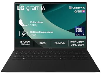 LG Gram 16Z90RU-G.AA55F - PC Portable 16 1199g, écran DCI-P3 99% QHD+ Format, Intel® Evo™ i5-1334, RAM 16Go, SSD 512Go NVMe, Intel Iris XE Graphics, Win 11 Home Plus, Noir Obisidien