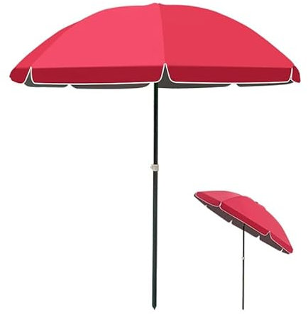 Parasol Rond en Toile, Parasol d'extérieur avec manivelle et Inclinaison à Bouton-Poussoir, Parasol de Plage for Jardin, terrasse, Jardin, Piscine, Plage de Sable(Red,240cm)