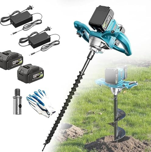 Trivella Per Pali, Trivella Per Pali Di Recinzione, Trivella Elettrica Per Pali Da 1200 W, Con 2 Batterie, Velocità Di Perforazione 350-850 Giri/min, 6 Marce Regolabili, Motore Ad Alte Prestazioni