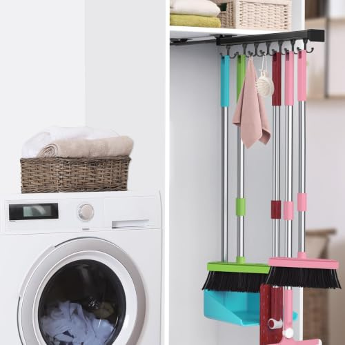 DegMongee Pull Out Broom Holder With Adjustable Double Row Sliding Hook, Multifunctional Slide Broom And Mop Storage/Organizer Garage Organization Hooks, for Closet Laundry Garage Kitchen - 16.14inch