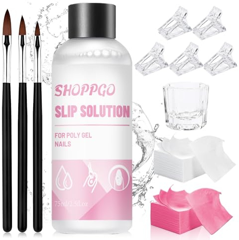 SHOPPGO Slip Solution Polygel, Poly Gel Slip Solution Nail Kit | Polygel Nail Liquid Slip Solutions 75ml, 5PCS Nagelspitzen Clip, 3 Nail Brush, 1 Kristallbecher, 100 Reinigungsblätter