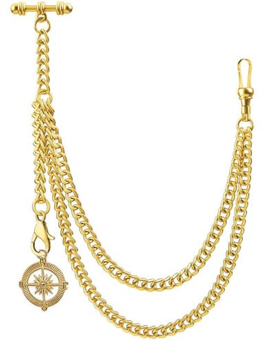 Kchss Single Albert Pocket Watch Chain T-Bar with Compass Rudder Pendant Gold