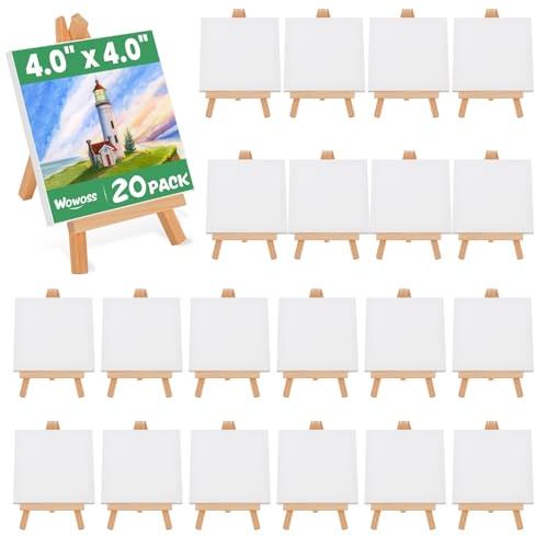20 Stück Mini Staffelei mit Leinwand, Mini Staffelei aus Holz 15 x 8 cm, Mini Leinwand 10 x 10 cm, Klein Tischstaffelei, Faltbarer Dreieckiger Ständer Tischdeko für Kindermalerei, DIY