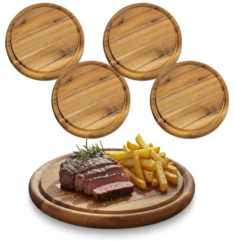 LS-LebenStil 4x Holz Fleischteller 25cm Rund FSC Akazie - Set - 4 Stück - | Schneidebrett mit Saftrille - ideal als Vesperbrett, Brotzeitbrett, Servierteller, Pizzateller, Käsebrett, Holzbrett