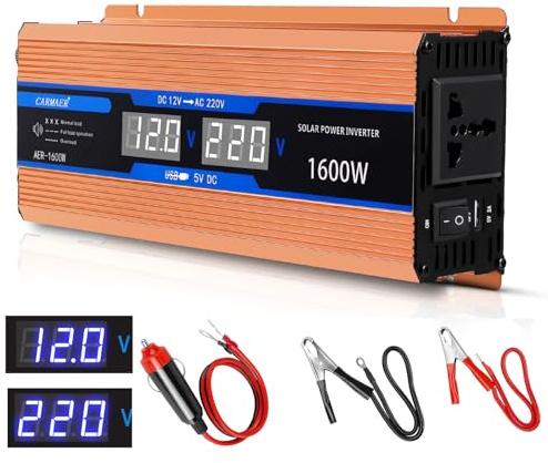 1600W Power Inverter, 12V to 220V AC Car Converter, UK Socket USB Car Converter, Car Adapter With 2 LED Display, Safety Protection for Travel, Camping