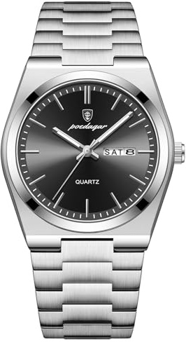 Poedagar Orologio da polso da uomo, al quarzo, impermeabile, luminoso, con data, settimana, alla moda, business, classico, in acciaio inox, orologio da uomo (Silver Black)