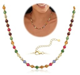 ADRAMATA Beaded Necklace for Women Girls 5MM Natural Stone Necklaces 3MM Stainless Steel Bead Gold Plated Adjustable Handmade Crystal Necklace Summer Beach Boho Necklaces with Gift Box